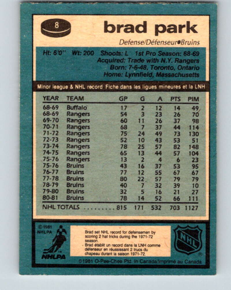 1981-82 O-Pee-Chee #8 Brad Park Boston Bruins V29421