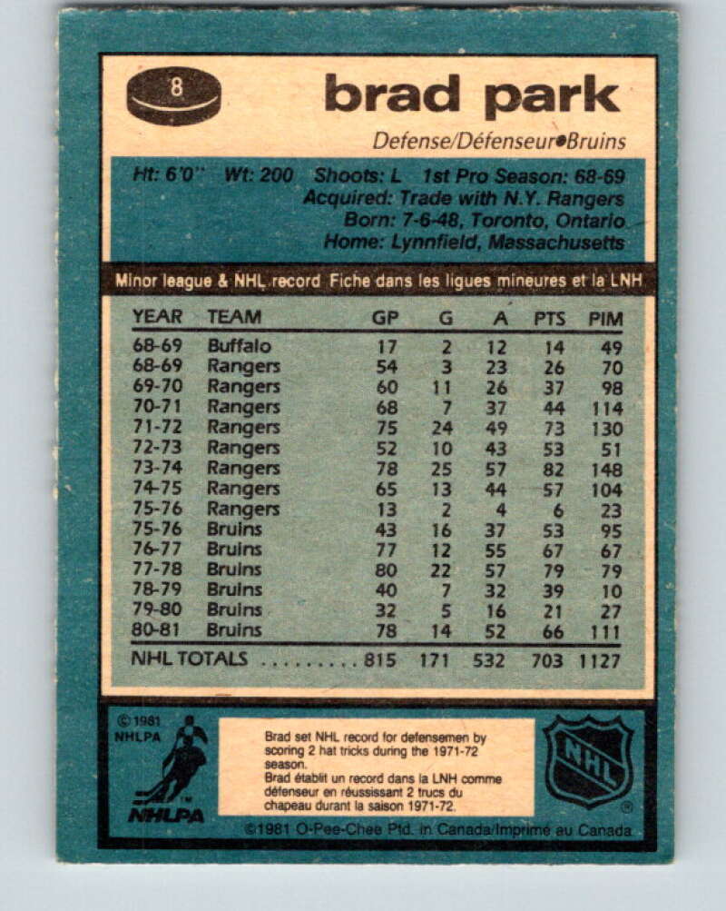 1981-82 O-Pee-Chee #8 Brad Park Boston Bruins V29423