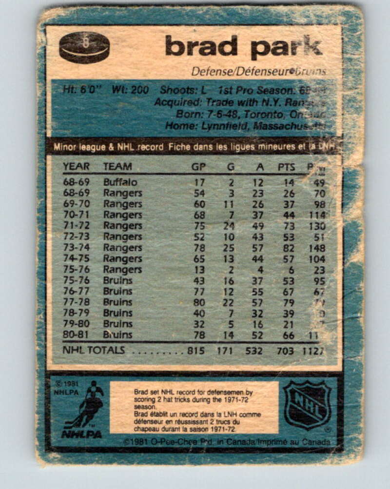 1981-82 O-Pee-Chee #8 Brad Park Boston Bruins V29424