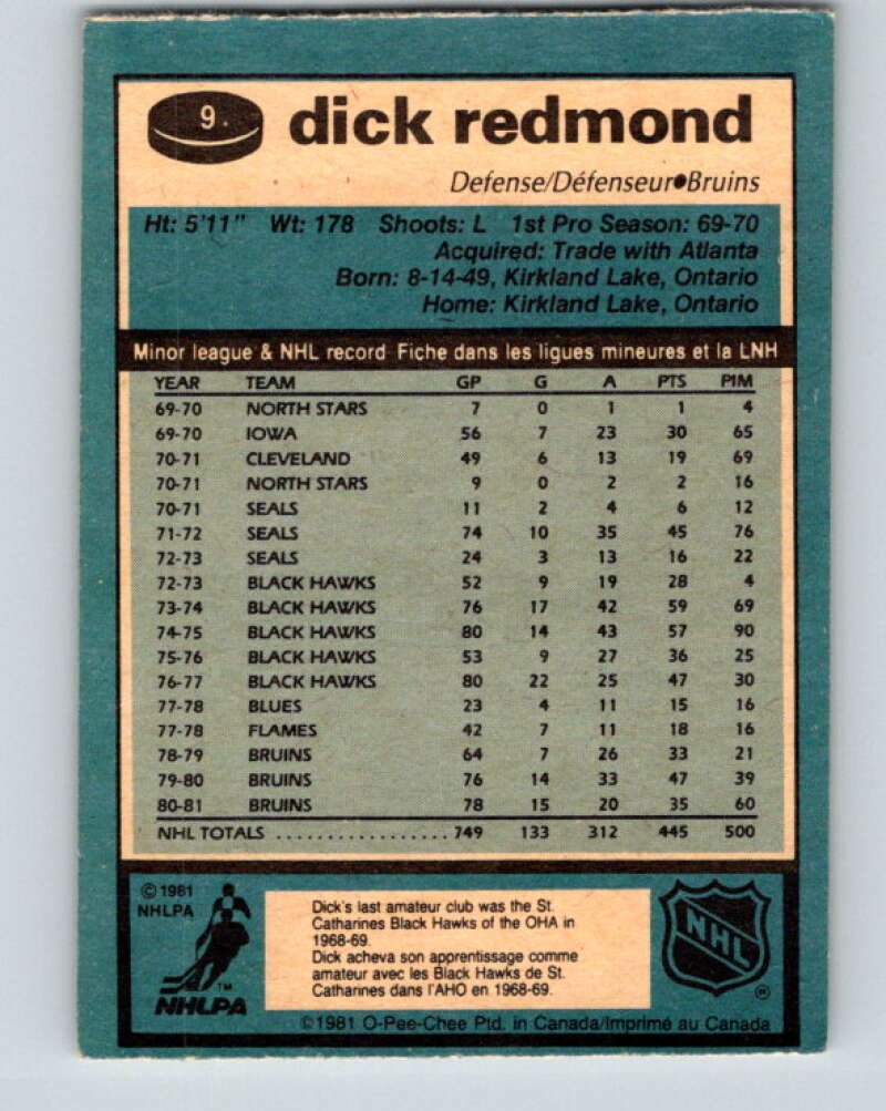 1981-82 O-Pee-Chee #9 Dick Redmond Boston Bruins V29427