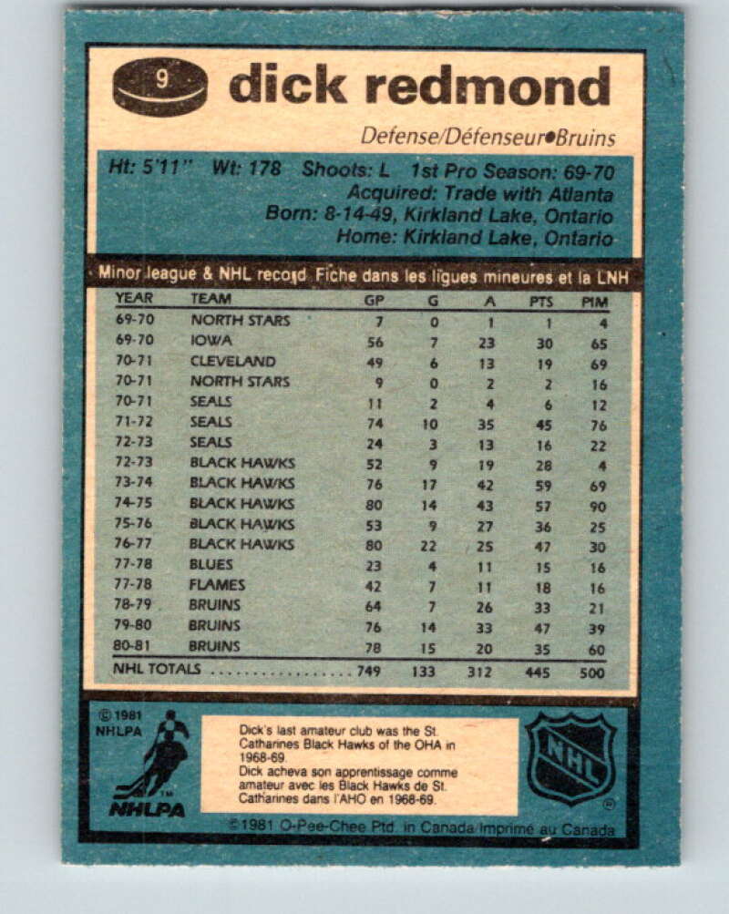 1981-82 O-Pee-Chee #9 Dick Redmond Boston Bruins V29431