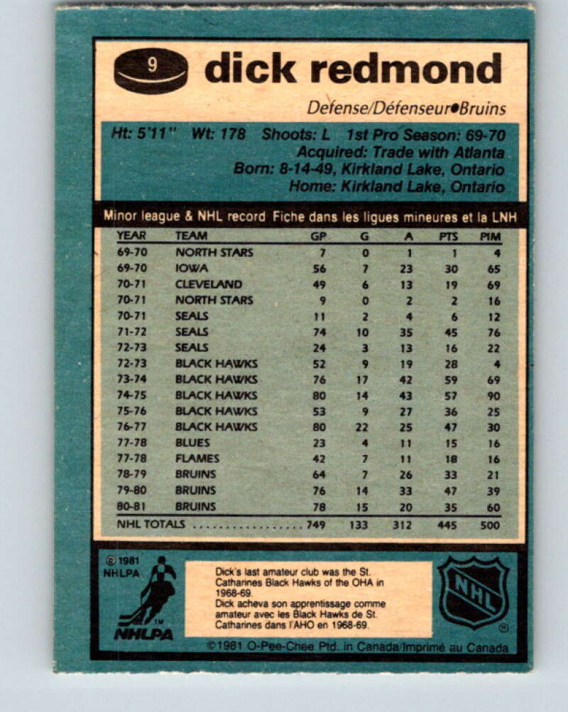 1981-82 O-Pee-Chee #9 Dick Redmond  Boston Bruins  V29432