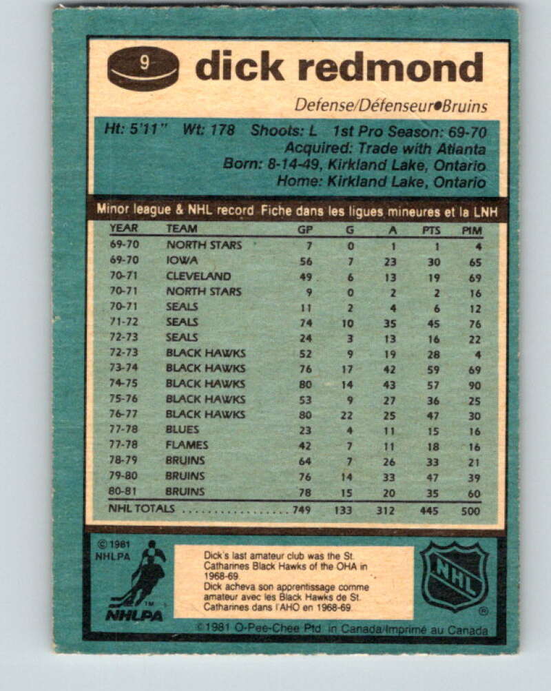 1981-82 O-Pee-Chee #9 Dick Redmond Boston Bruins V29433