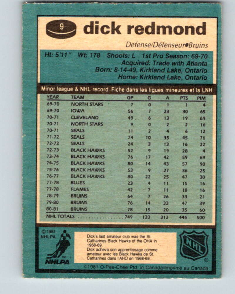 1981-82 O-Pee-Chee #9 Dick Redmond  Boston Bruins  V29433