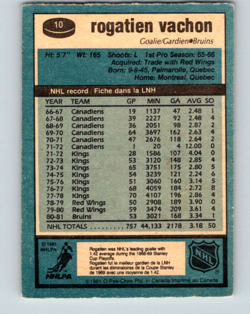1981-82 O-Pee-Chee #10 Rogie Vachon Boston Bruins V29436