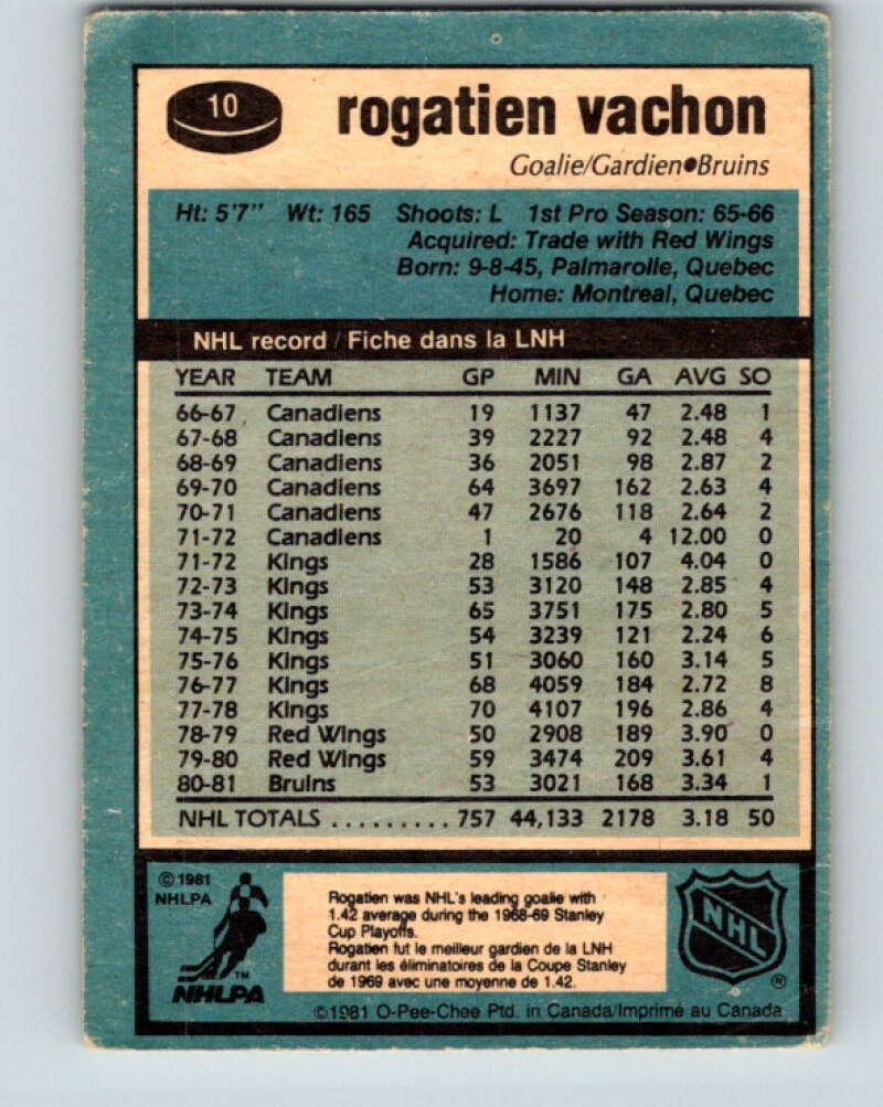 1981-82 O-Pee-Chee #10 Rogie Vachon Boston Bruins V29437