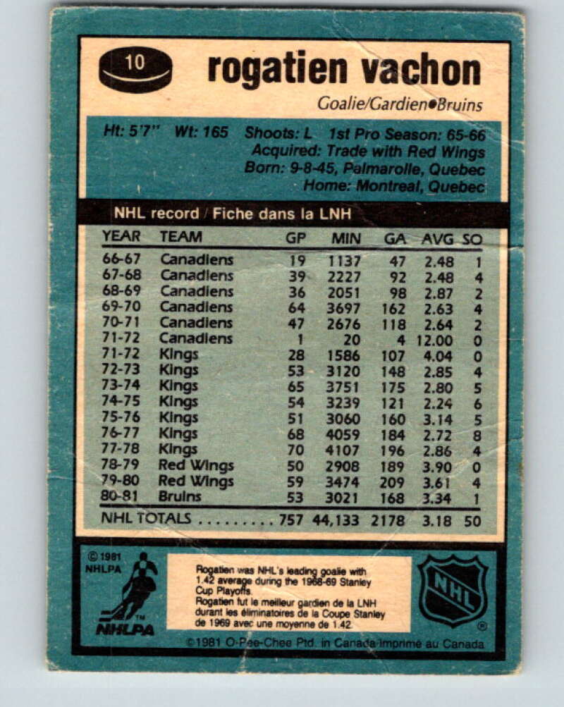 1981-82 O-Pee-Chee #10 Rogie Vachon  Boston Bruins  V29438