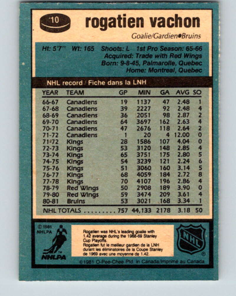 1981-82 O-Pee-Chee #10 Rogie Vachon Boston Bruins V29440