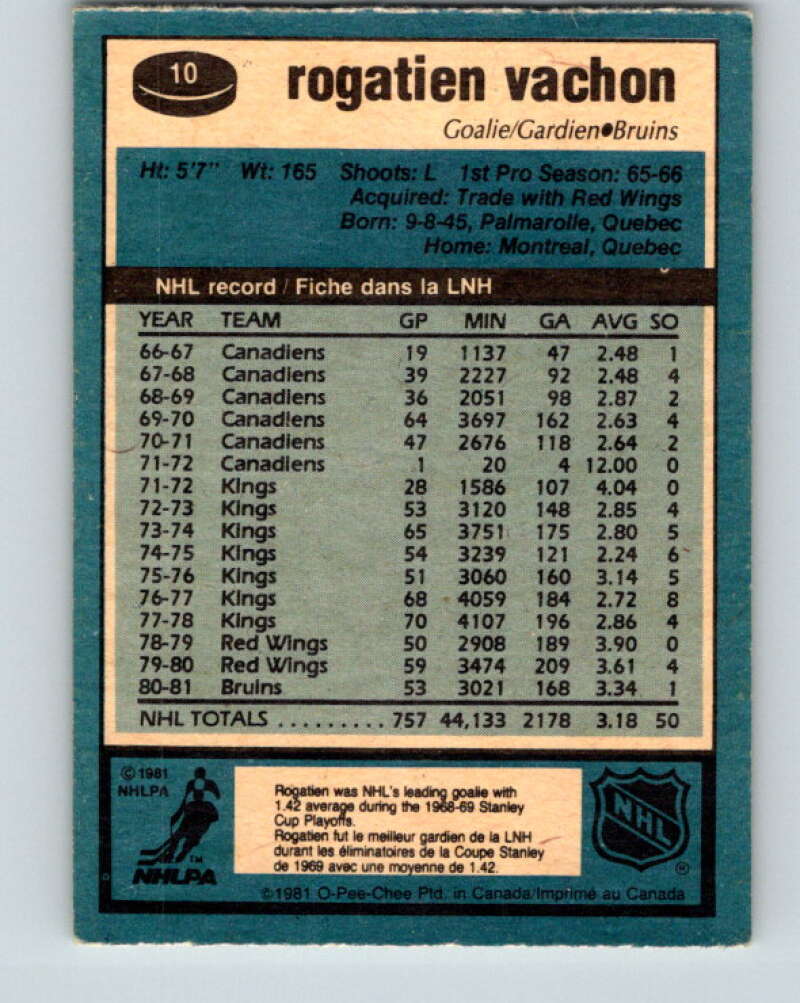 1981-82 O-Pee-Chee #10 Rogie Vachon Boston Bruins V29441