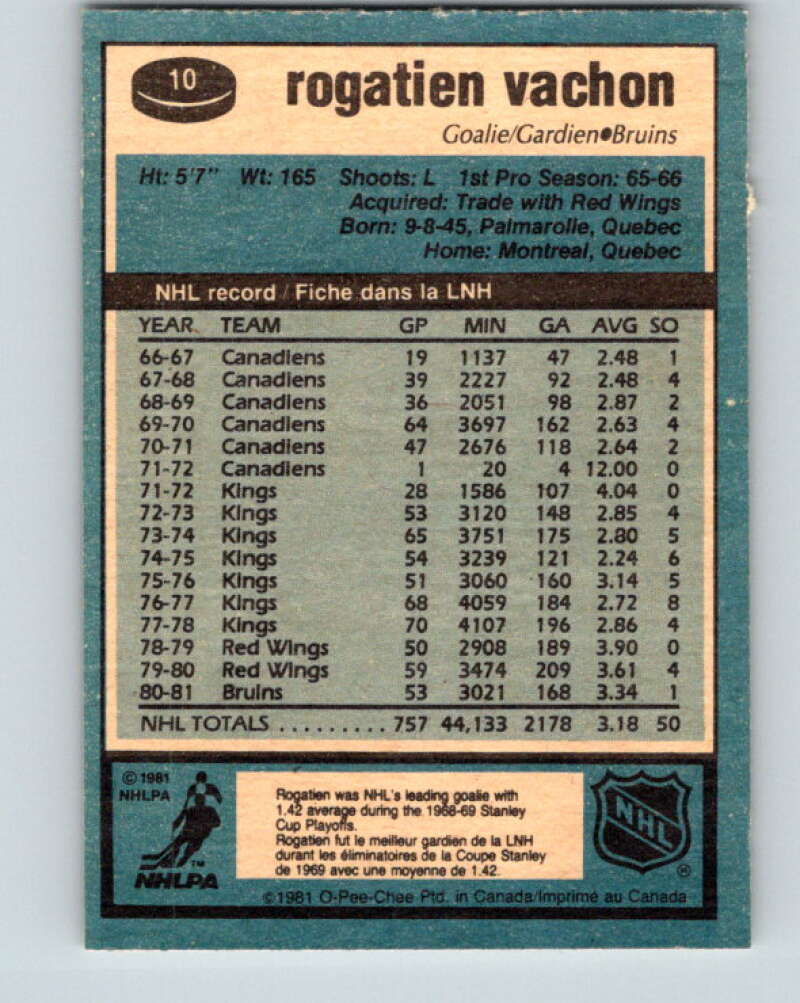 1981-82 O-Pee-Chee #10 Rogie Vachon Boston Bruins V29442
