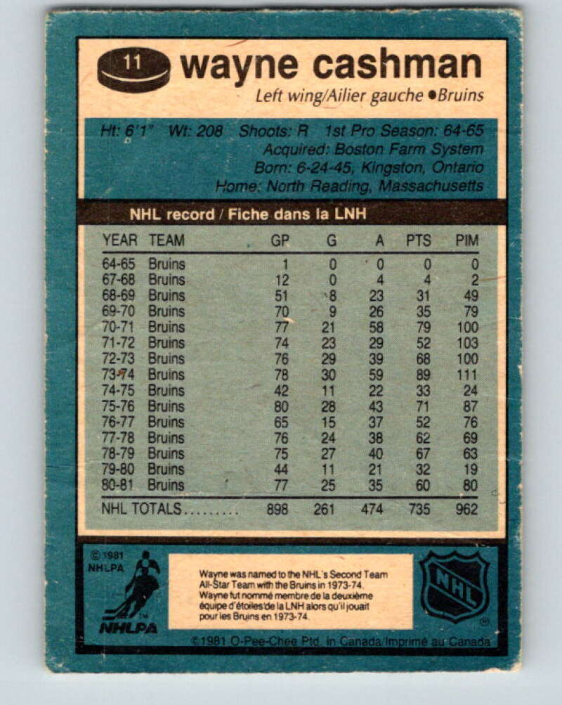 1981-82 O-Pee-Chee #11 Wayne Cashman  Boston Bruins  V29446