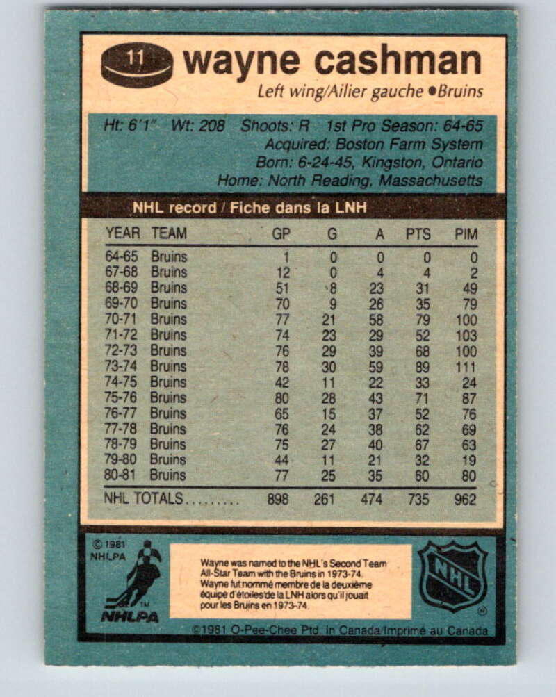 1981-82 O-Pee-Chee #11 Wayne Cashman Boston Bruins V29448