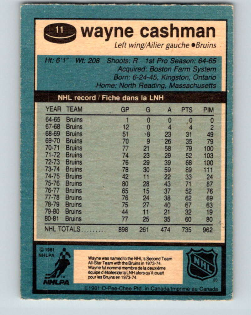 1981-82 O-Pee-Chee #11 Wayne Cashman  Boston Bruins  V29449