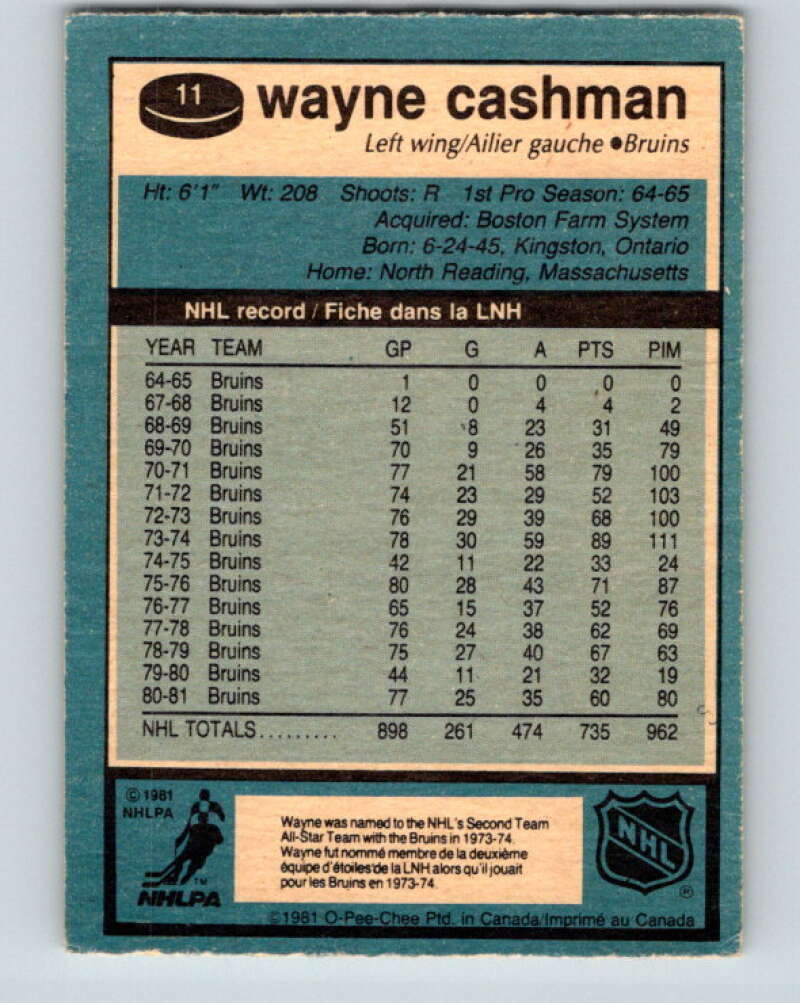 1981-82 O-Pee-Chee #11 Wayne Cashman Boston Bruins V29449