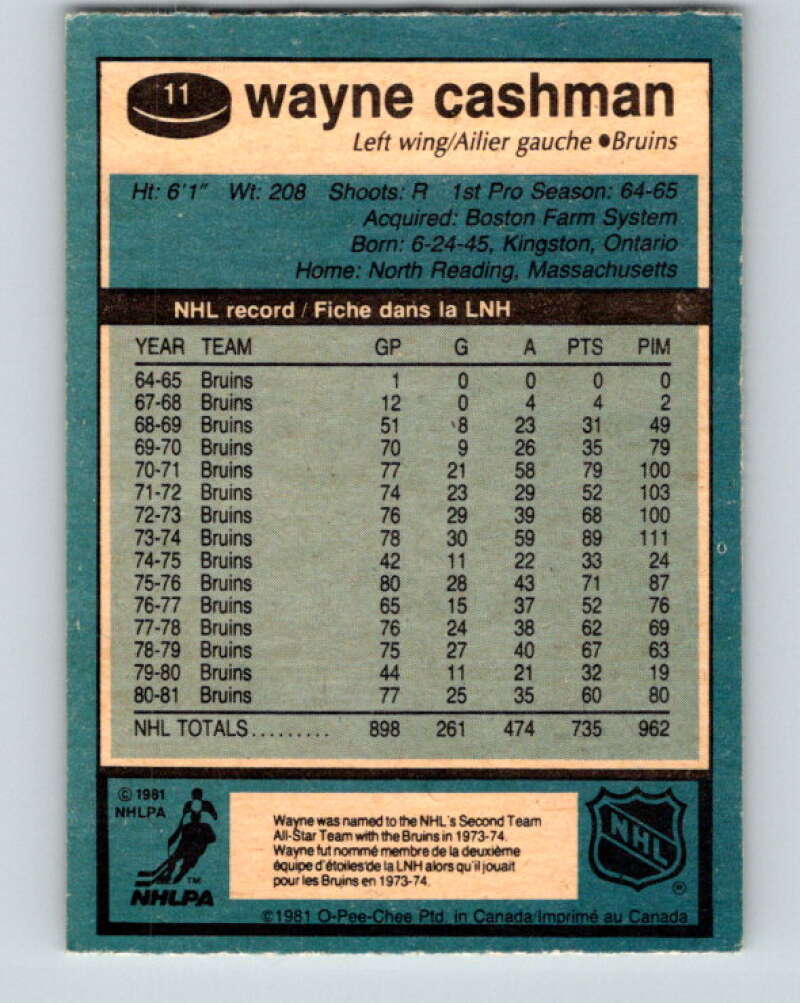 1981-82 O-Pee-Chee #11 Wayne Cashman Boston Bruins V29451