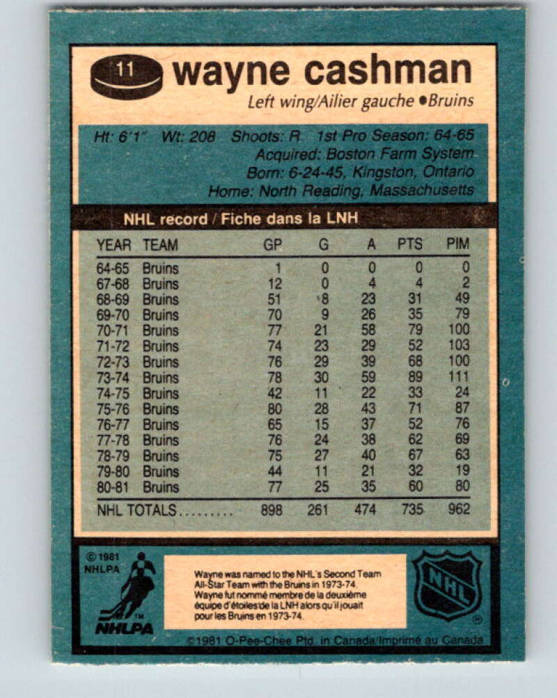 1981-82 O-Pee-Chee #11 Wayne Cashman Boston Bruins V29452