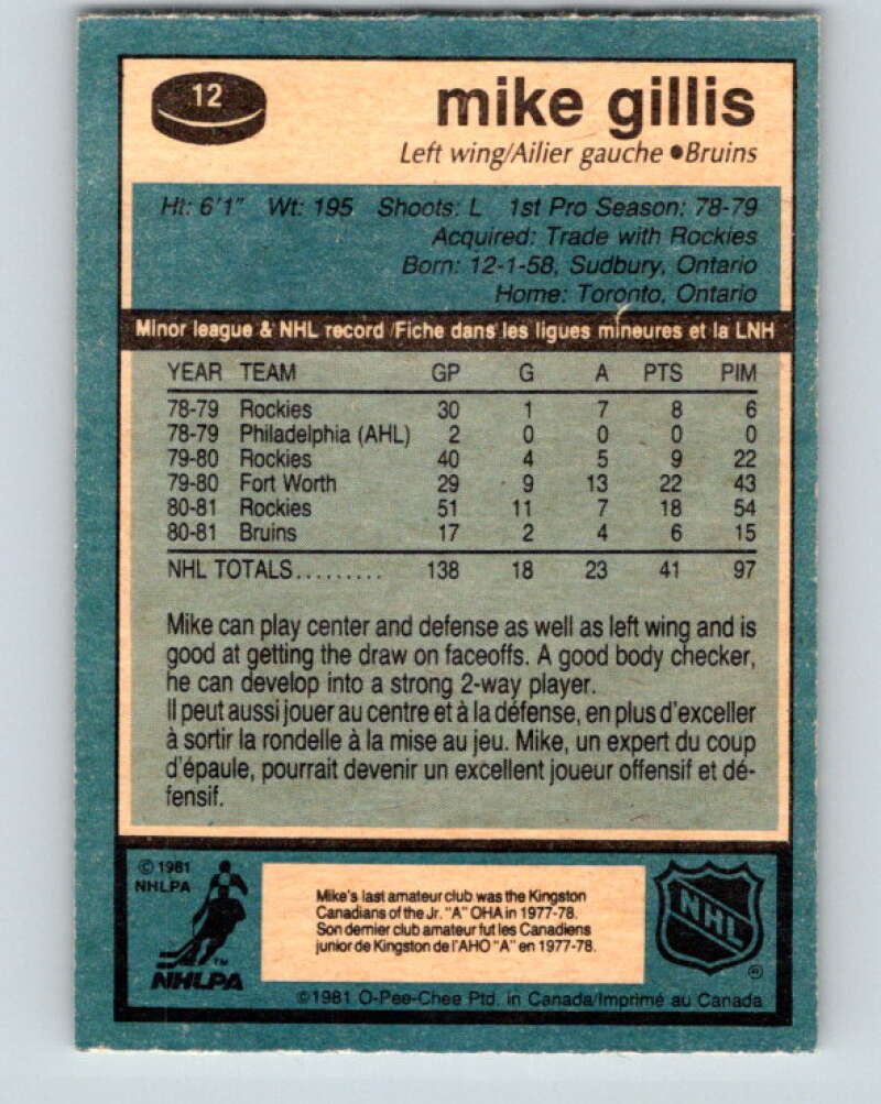 1981-82 O-Pee-Chee #12 Mike Gillis RC Rookie Boston Bruins V29453