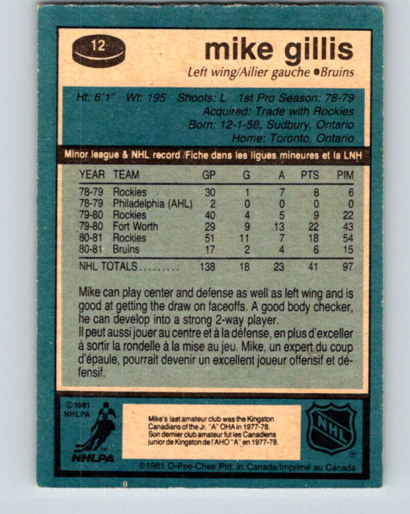 1981-82 O-Pee-Chee #12 Mike Gillis RC Rookie Boston Bruins V29455