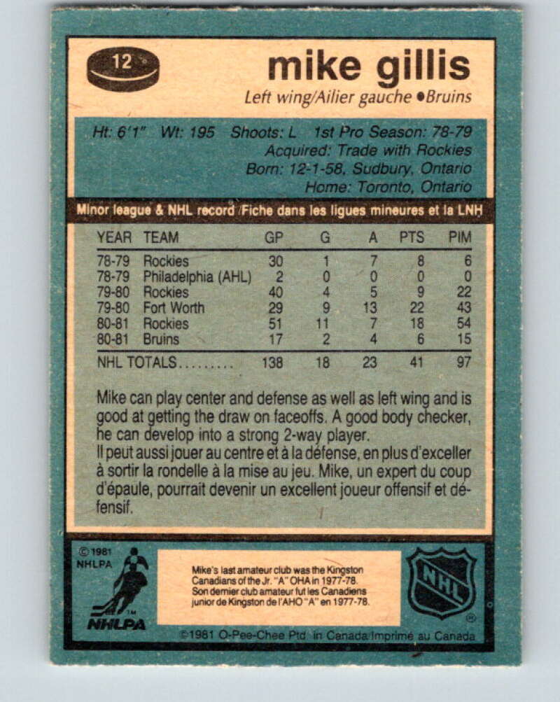 1981-82 O-Pee-Chee #12 Mike Gillis RC Rookie Boston Bruins V29456
