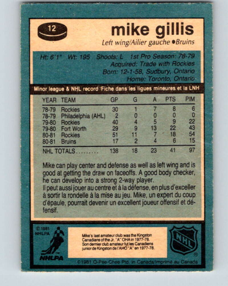 1981-82 O-Pee-Chee #12 Mike Gillis RC Rookie Boston Bruins V29457