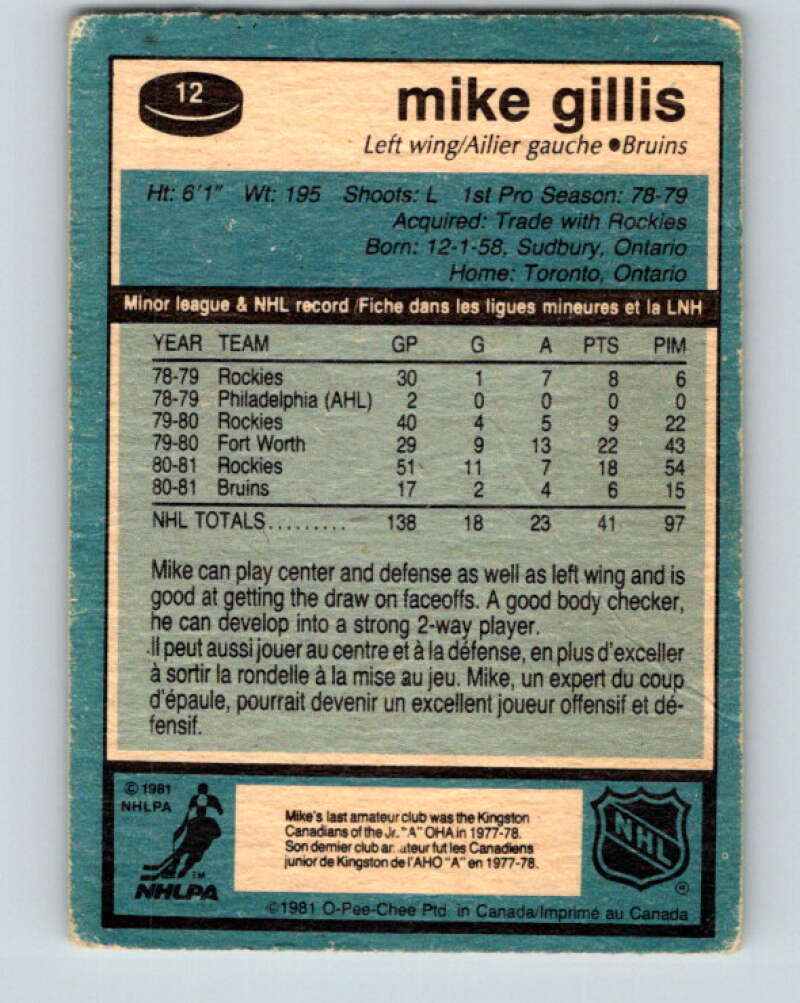 1981-82 O-Pee-Chee #12 Mike Gillis RC Rookie Boston Bruins V29459