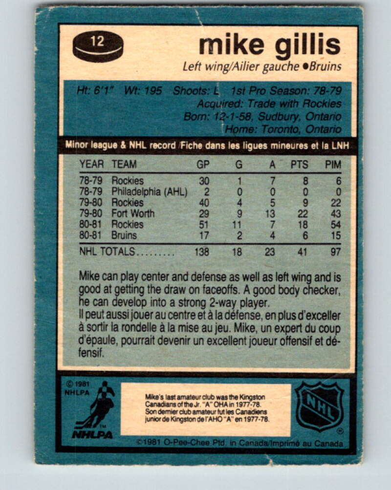 1981-82 O-Pee-Chee #12 Mike Gillis RC Rookie Boston Bruins V29460