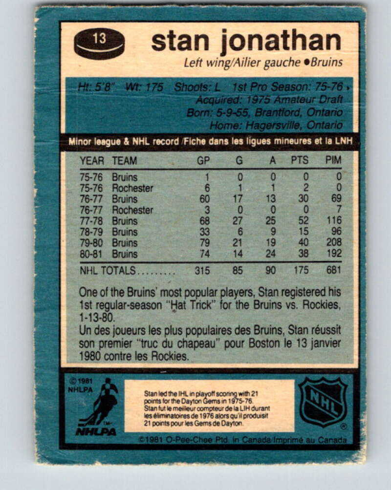 1981-82 O-Pee-Chee #13 Stan Jonathan Boston Bruins V29461