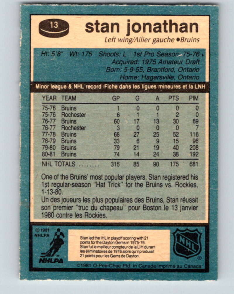 1981-82 O-Pee-Chee #13 Stan Jonathan  Boston Bruins  V29464