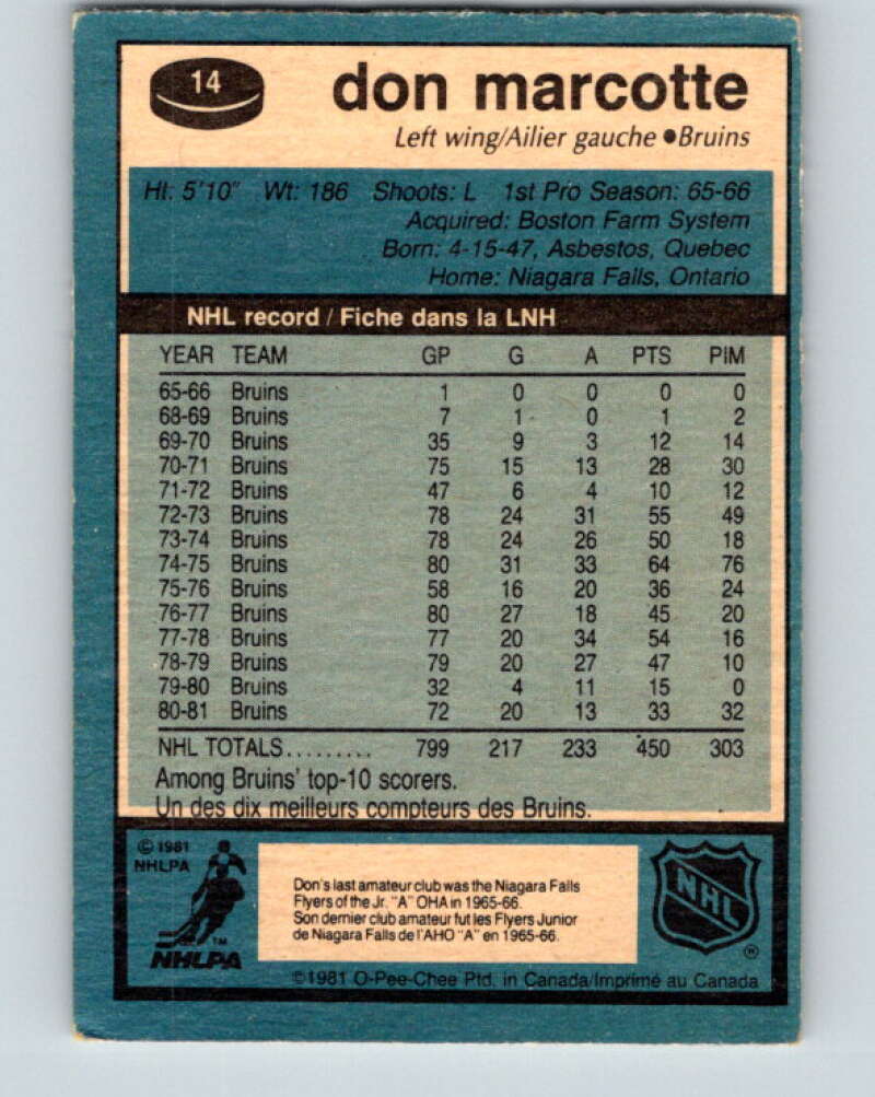 1981-82 O-Pee-Chee #14 Don Marcotte  Boston Bruins  V29470