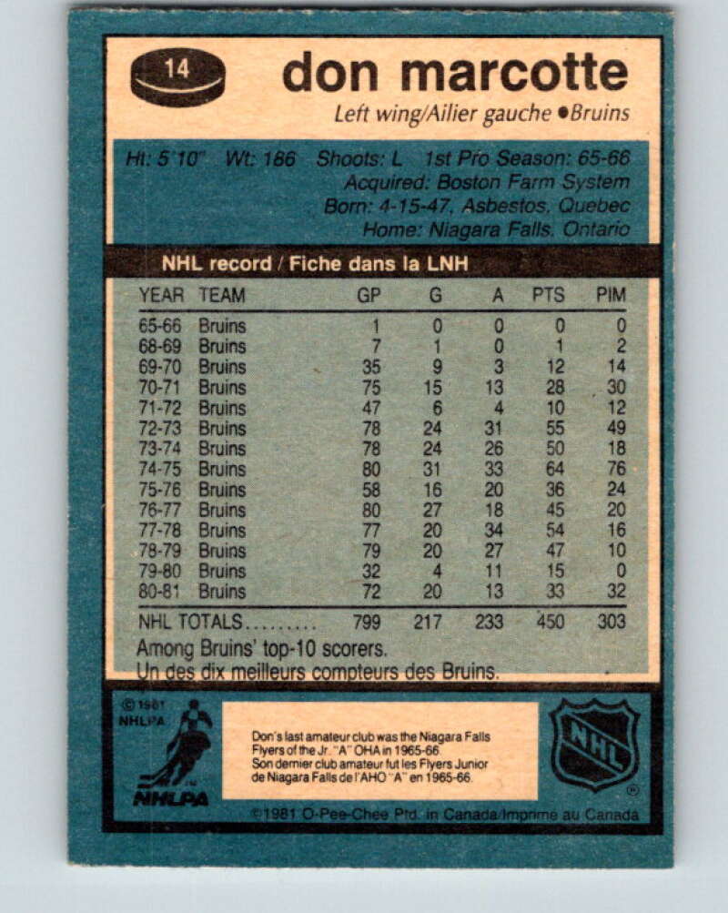 1981-82 O-Pee-Chee #14 Don Marcotte Boston Bruins V29471