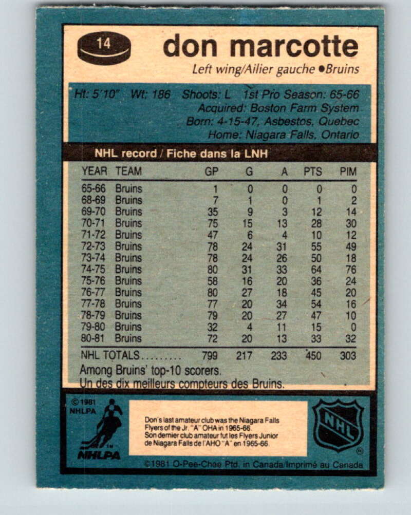 1981-82 O-Pee-Chee #14 Don Marcotte Boston Bruins V29472