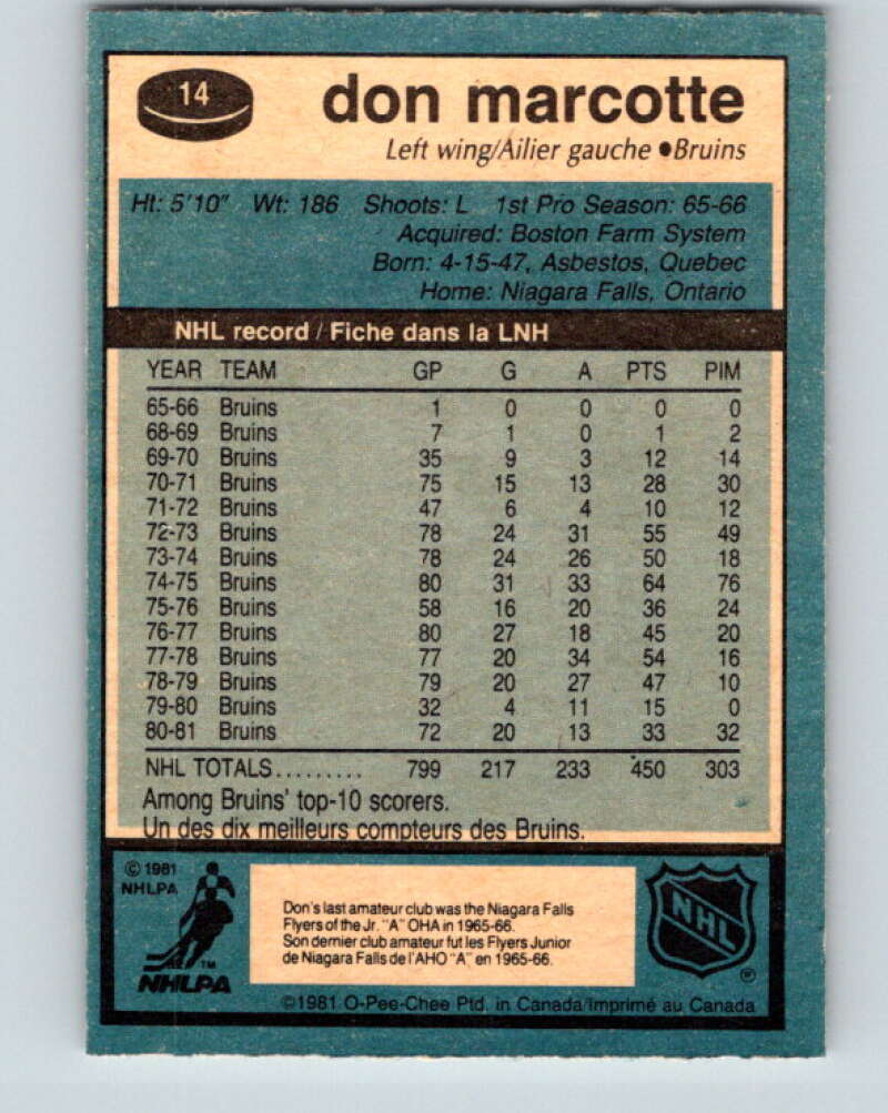 1981-82 O-Pee-Chee #14 Don Marcotte Boston Bruins V29473