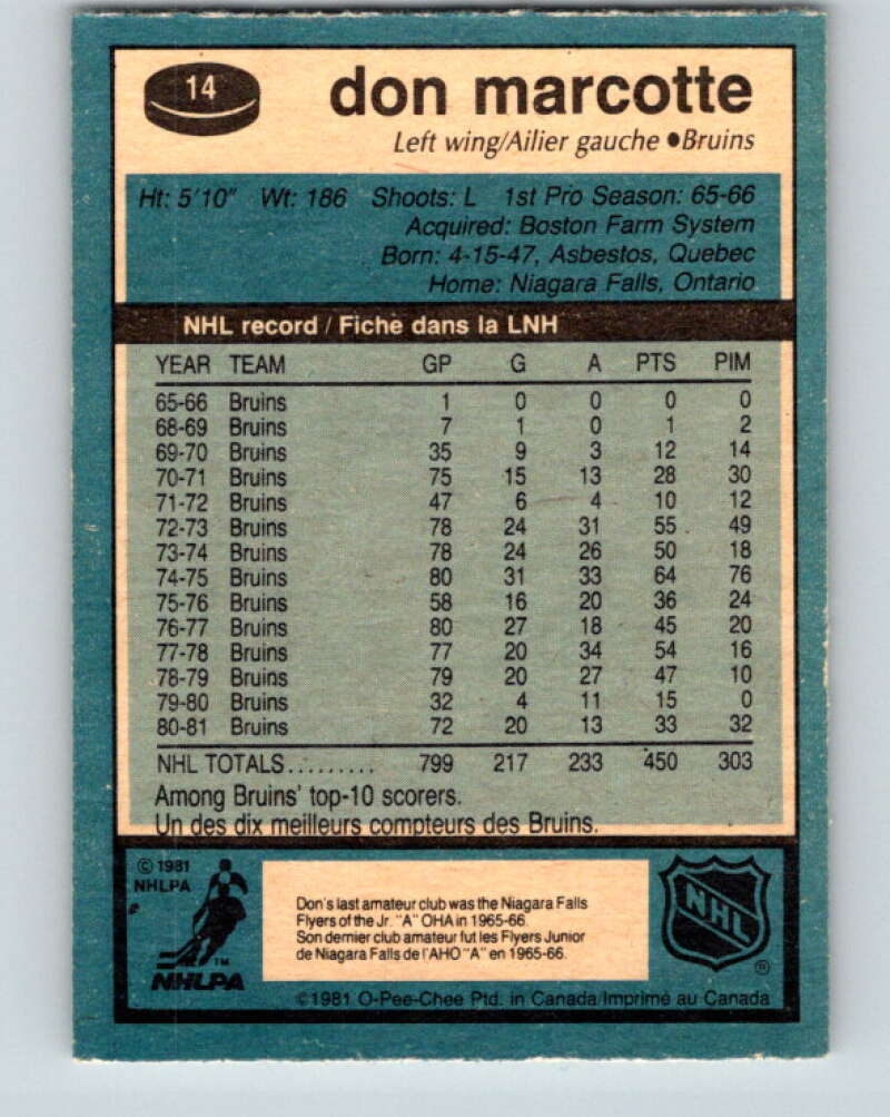 1981-82 O-Pee-Chee #14 Don Marcotte Boston Bruins V29474