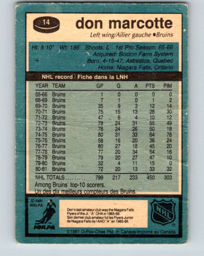 1981-82 O-Pee-Chee #14 Don Marcotte Boston Bruins V29476