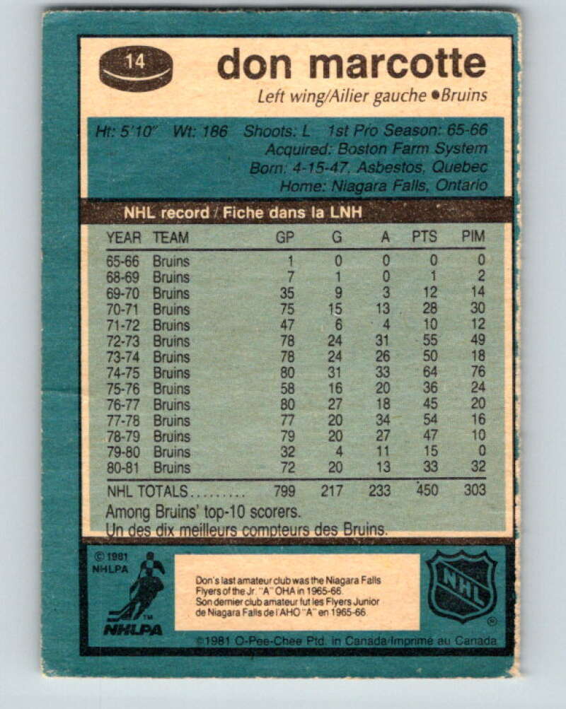 1981-82 O-Pee-Chee #14 Don Marcotte Boston Bruins V29478