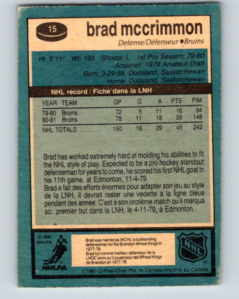 1981-82 O-Pee-Chee #15 Brad McCrimmon Boston Bruins V29479