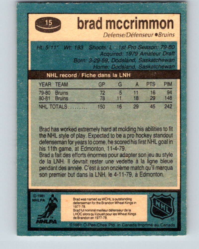 1981-82 O-Pee-Chee #15 Brad McCrimmon Boston Bruins V29480
