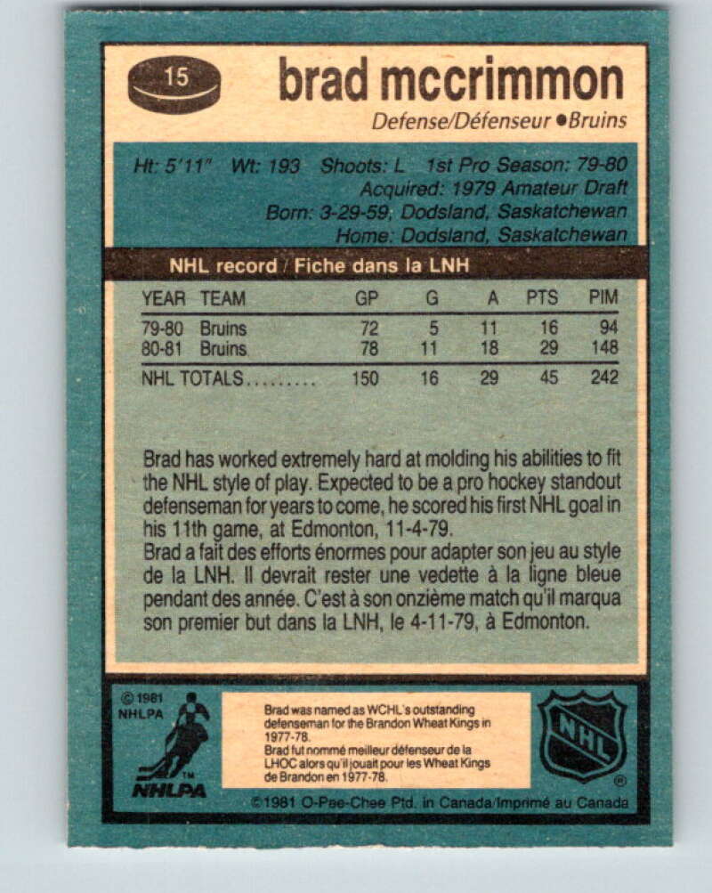1981-82 O-Pee-Chee #15 Brad McCrimmon Boston Bruins V29481