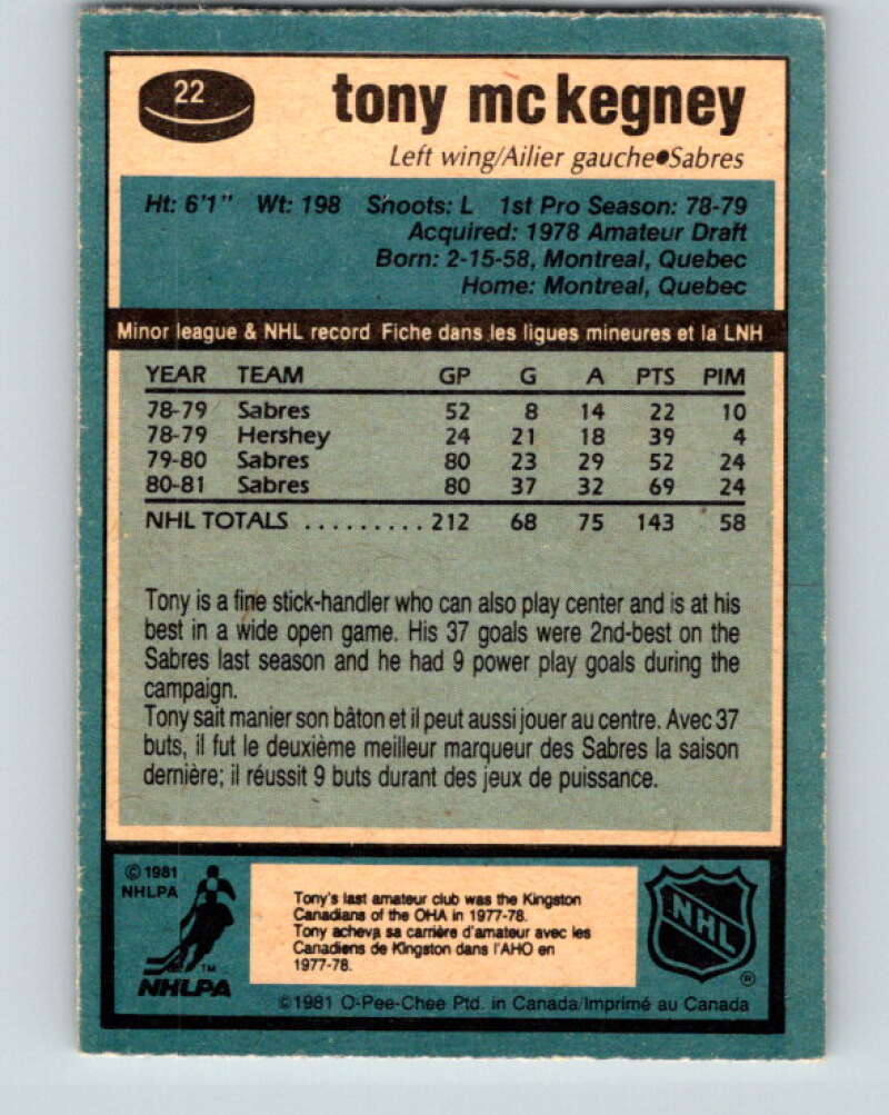 1981-82 O-Pee-Chee #22 Tony McKegney Buffalo Sabres V29527