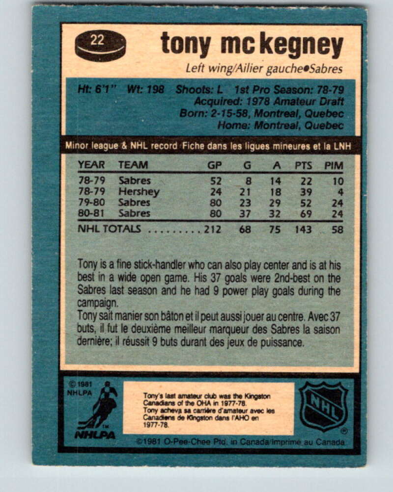 1981-82 O-Pee-Chee #22 Tony McKegney Buffalo Sabres V29529