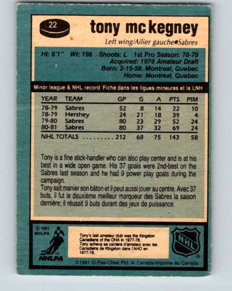 1981-82 O-Pee-Chee #22 Tony McKegney Buffalo Sabres V29532