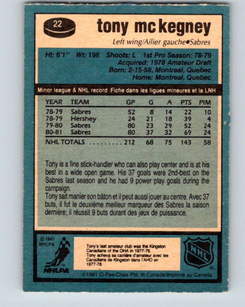 1981-82 O-Pee-Chee #22 Tony McKegney Buffalo Sabres V29533