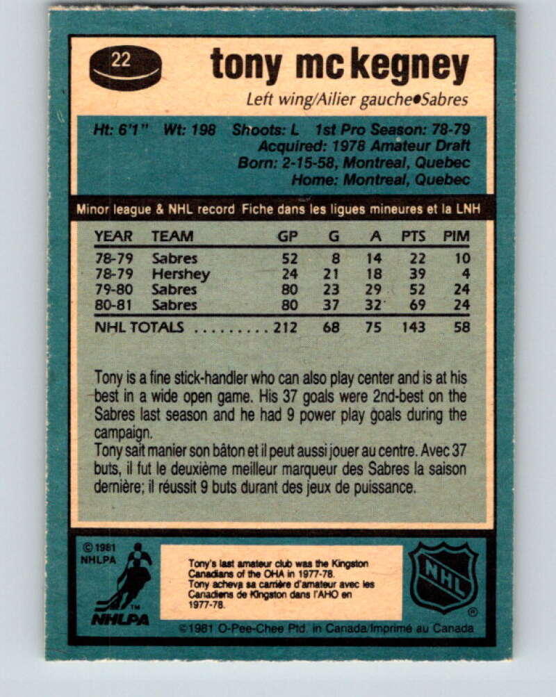1981-82 O-Pee-Chee #22 Tony McKegney Buffalo Sabres V29534