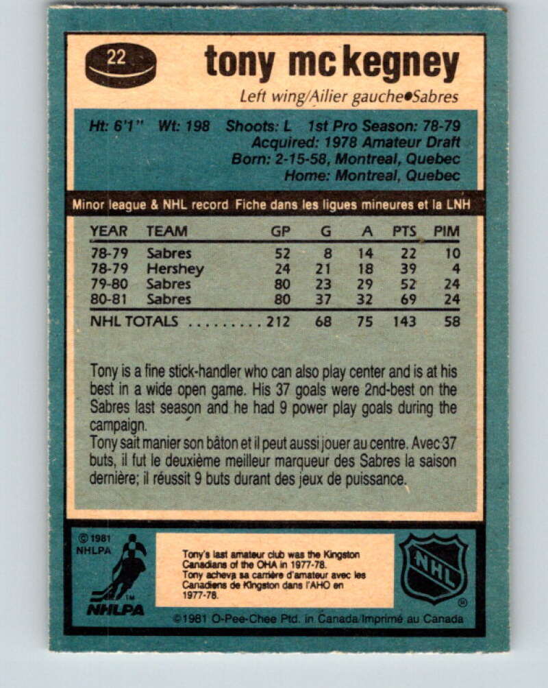 1981-82 O-Pee-Chee #22 Tony McKegney Buffalo Sabres V29535