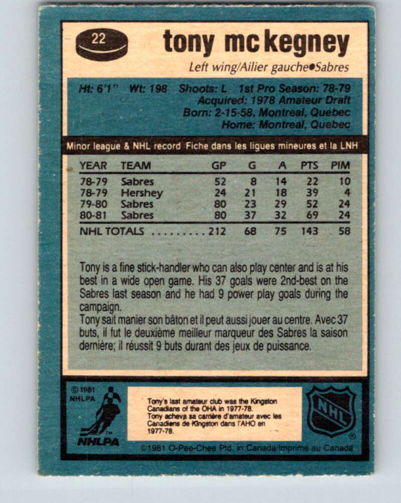 1981-82 O-Pee-Chee #22 Tony McKegney Buffalo Sabres V29536