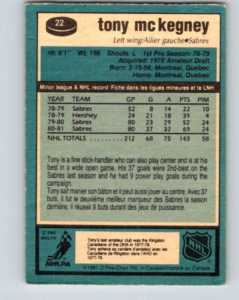 1981-82 O-Pee-Chee #22 Tony McKegney Buffalo Sabres V29538