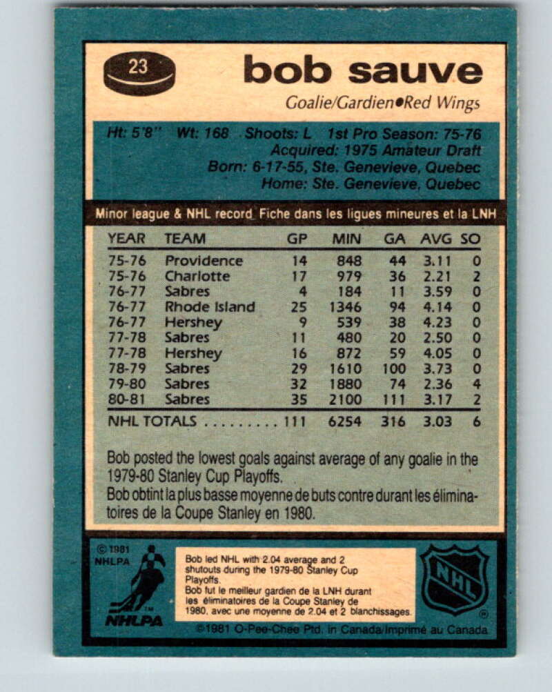 1981-82 O-Pee-Chee #23 Bob Sauve Detroit Red Wings V29541