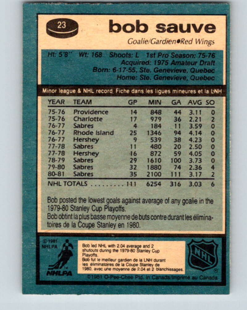 1981-82 O-Pee-Chee #23 Bob Sauve Detroit Red Wings V29544
