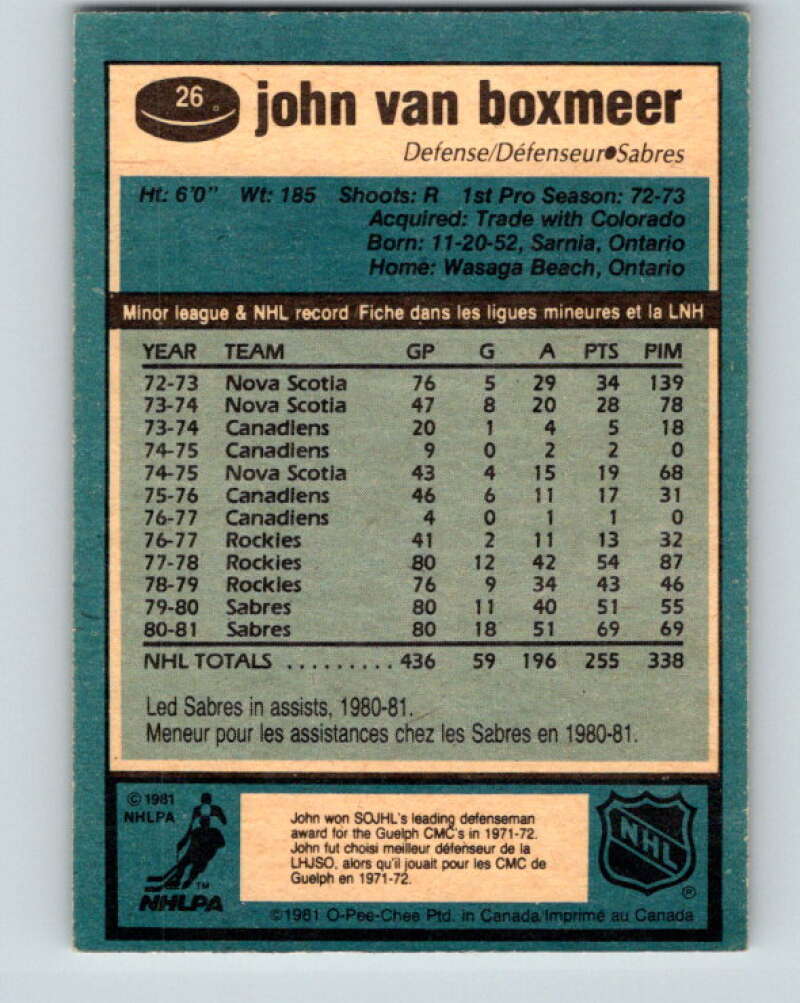 1981-82 O-Pee-Chee #26 John Van Boxmeer Buffalo Sabres V29557