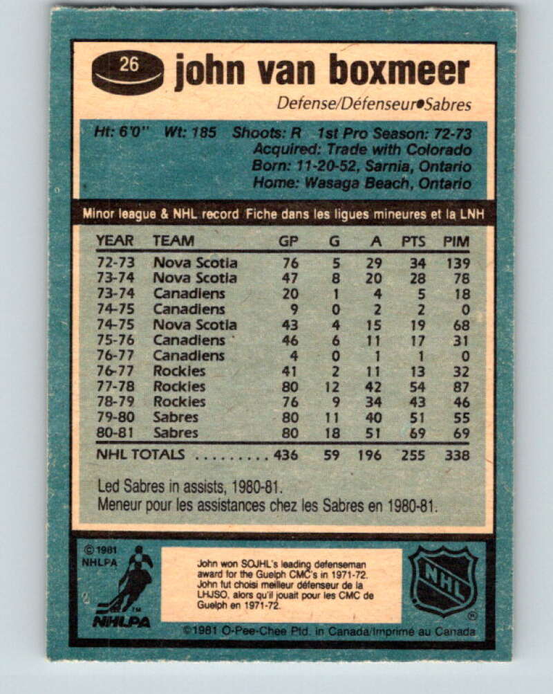 1981-82 O-Pee-Chee #26 John Van Boxmeer Buffalo Sabres V29560